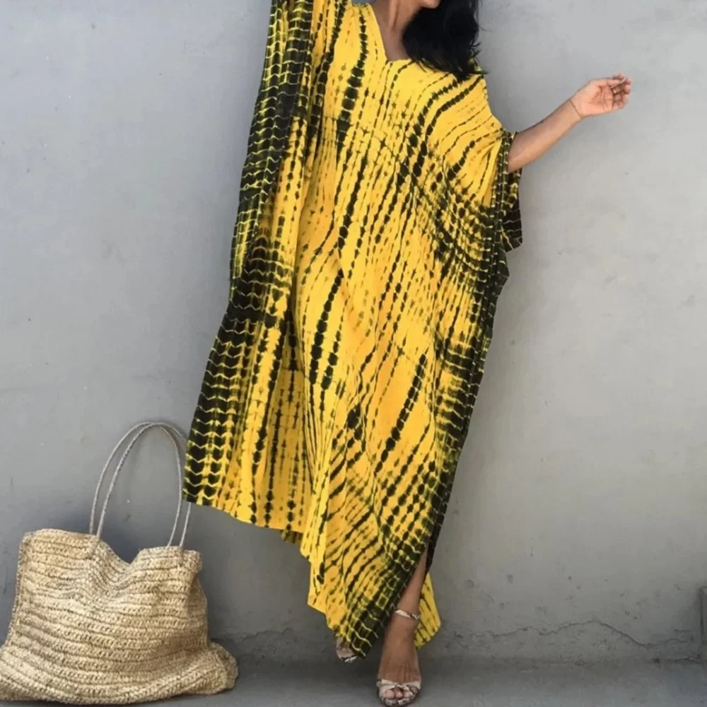 SOLD OUT Yellow & Black Bohemian Tie Dye Kaftan Kimono Dress - Picture 9 of 9